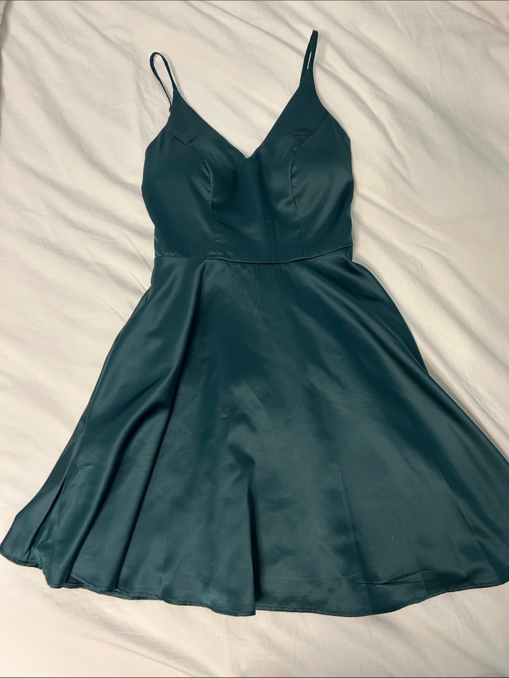 B Darlin Teal Satin V-Neck Spaghetti Strap Mini Dress